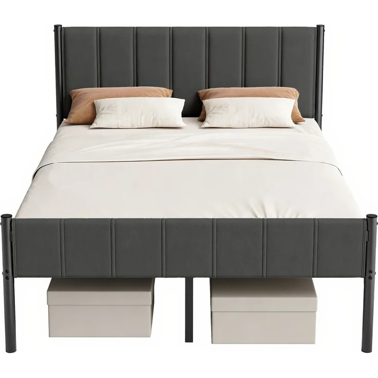 VASAGLE Doppelbett, Bettgestell, 140 x 200 cm, mit gepolstertem Kopfteil, Bettrahmen, Stahl, trägt bis zu 500 kg, grau – Bild 2