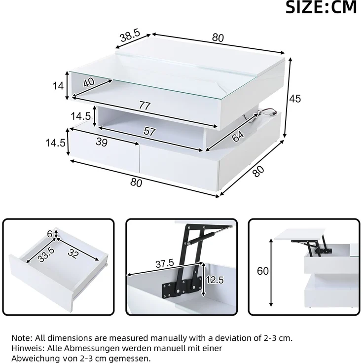 Couchtisch mit hydraulischer Hubfunktion und LED-Beleuchtung, Hochglanz Oberfläche, 2 Schubladen & gehärtetem Glas,Weiß – Bild 9