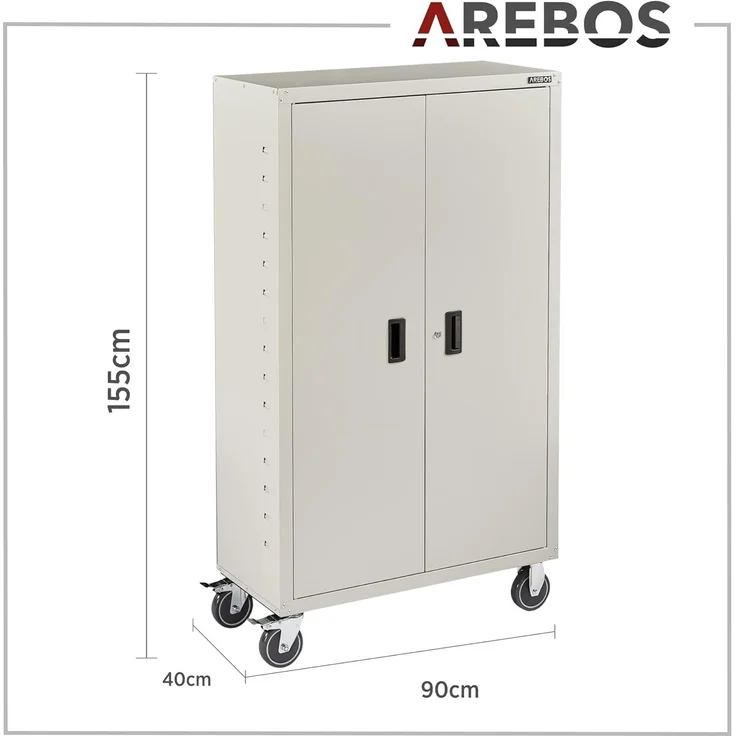 Arebos Aktenschrank Büroschrank Materialschrank Stahlschrank Rollen 140x90x40 cm (Stück, Grau) – Bild 3