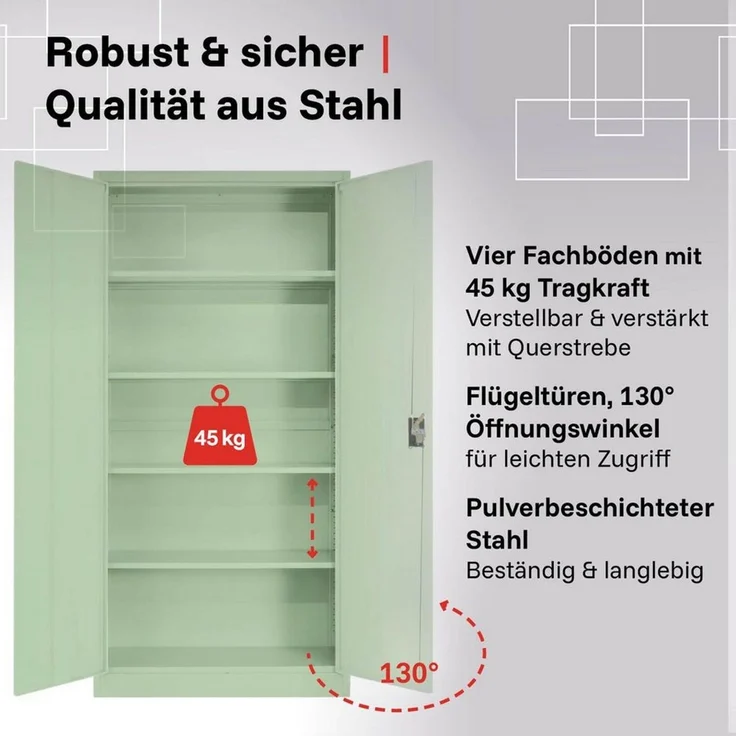 LagerZwei Aktenschrank Stahlschrank 185x90x40 cm (1-St) 3-fach verriegelt, 4 Böden, bis 50 Ordner, Flügeltüren 130° – Bild 2