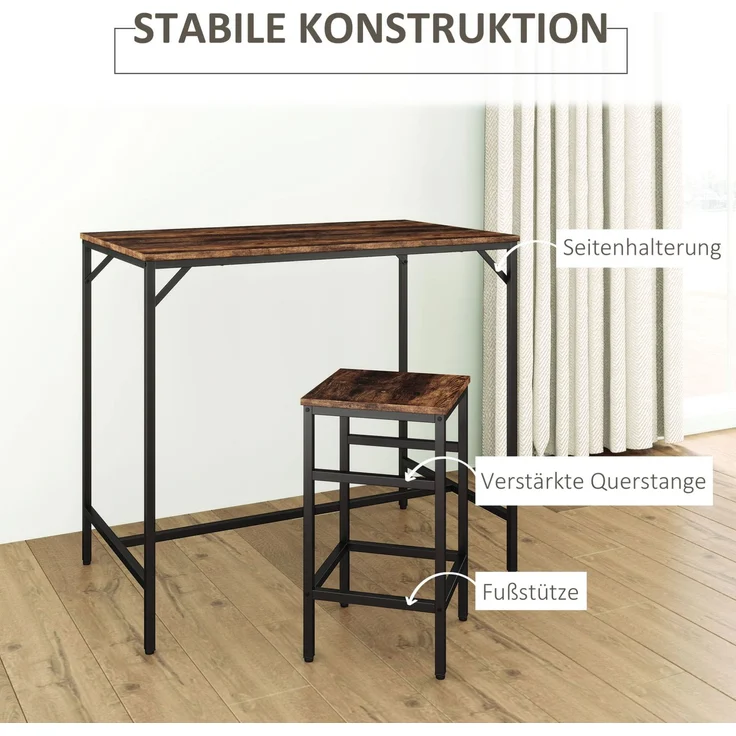 Bartisch-Set mit 4 Barhockern, Spanplatte und Stahl, 100x60x88 cm, Rustikalbraun/Schwarz – Bild 7