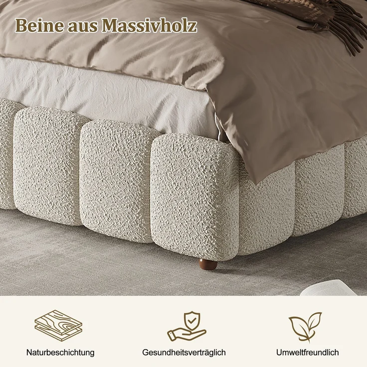 Merax Polsterbett, Doppelbett, 160*200cm, Bett mit Lattenrost und gepolstertes Kopfteil, Beine aus Massivholz, Bouclé, Weiß – Bild 7