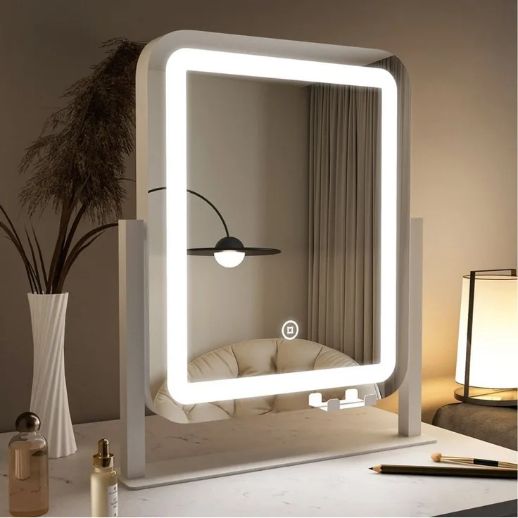 WDWRITTI Schminkspiegel mit beleuchtung, 10x Lupe, Handyhalterung LED Kosmetikspiegel (Tischspiegel Rechteckig, 3Lichtmodi+Dimmbar+Memory), 360°Drehbar, mit Netzadapter