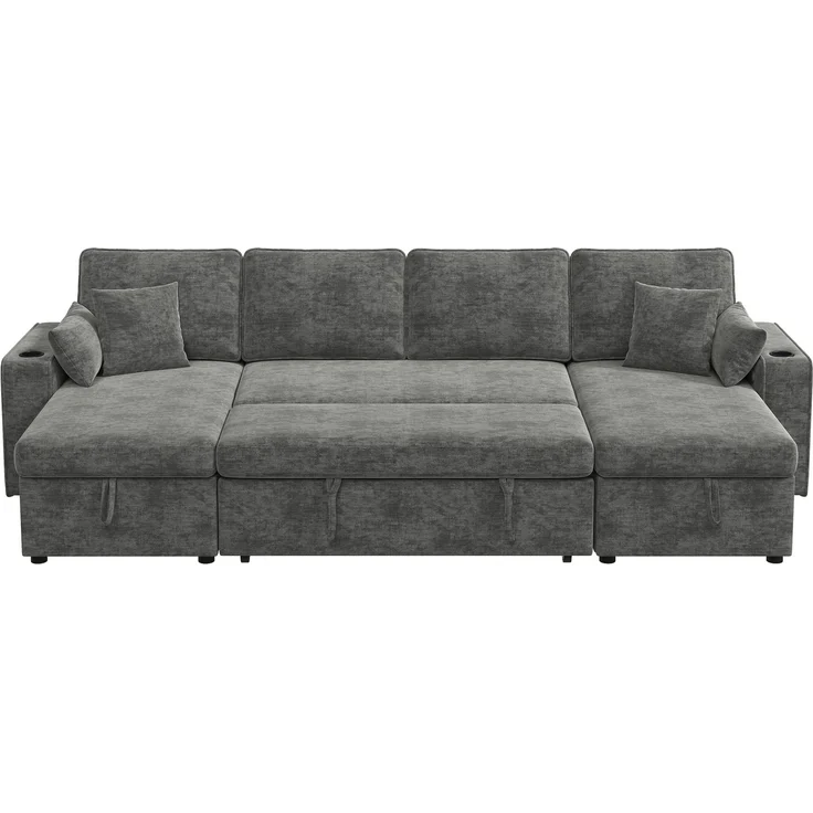 ZUBALIYA Schlafsofa, mit Stauraum, mit USB-C-Anschluss, mit Schlaffunktion, modular kombinierbar, mit Getränkehaltern, H 86 × T 270 × B 125 cm, Grau, Chenille – Bild 13