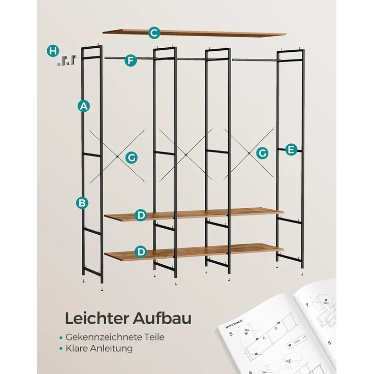 SONGMICS Kleiderschrank offen, Kleiderständer, Garderobenständer, Garderobe mit Kleiderstange, Ablagen, abnehmbare Haken, 40 x 141 x 180 cm, vintagebraun RGR005B01 – Bild 7