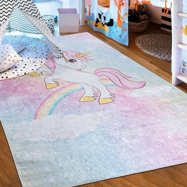 Mazovia Kinderteppich Kinderteppich Kinderzimmerteppich Einhorn, 80 x 150 cm, Kurflor, Waschbar in Waschmaschine, Höhe 5 mm, Rutschfest – Bild 5