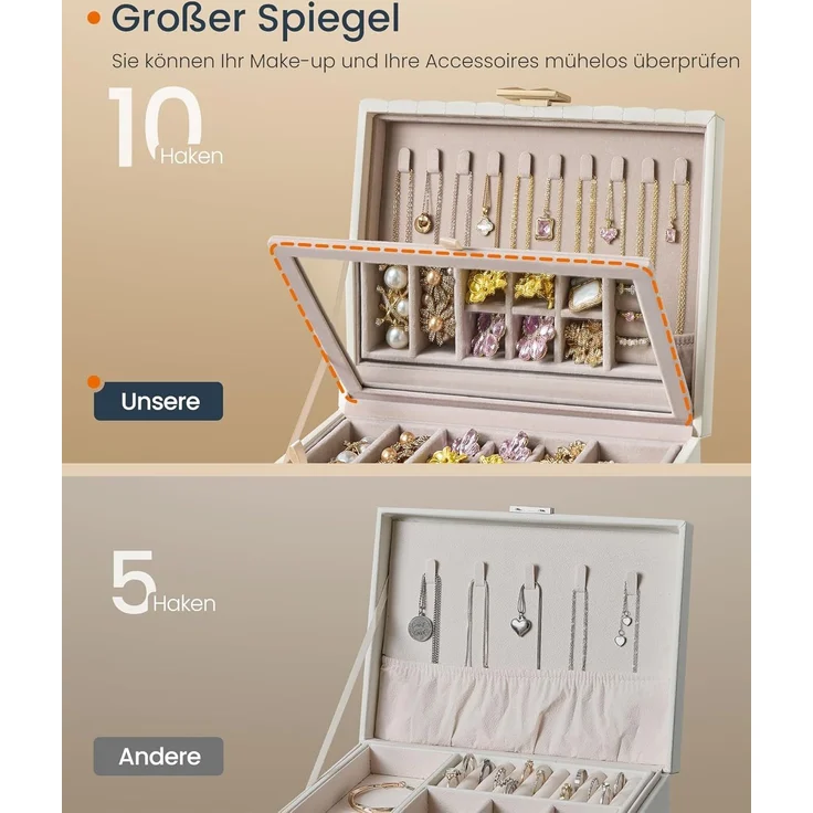 Songmics HOME Schmuckkästchen 2 Ebenen, mit Spiegel, flexibles Schmucktablett – Bild 7