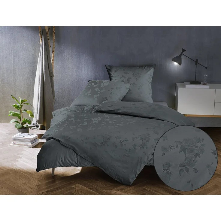 Bettwaesche-mit-Stil Mako Satin Jacquard Damast Bettwäsche Zoé Rose – stahlgrau – Garnitur 135x200 + 80x80 cm
