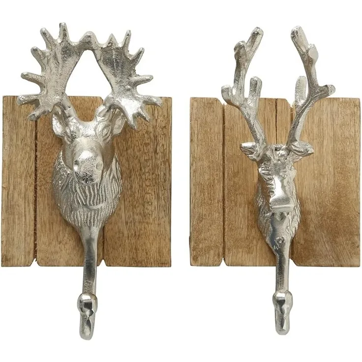 2 Garderobenhaken Holz Alu Hirsch-Kopf Braun Set Wandhaken Wand-Garderobe