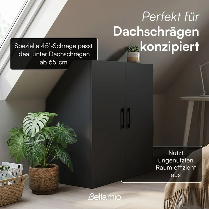 Bellamio 'Aland' Dachschrägenregal mit Türen, schwarz, 100x52x90 cm, Schrank für Dachschräge mit 3 Fächern – Bild 2