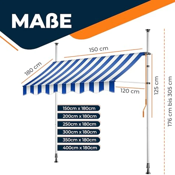 KESSER® Klemmmarkise mit Handkurbel Balkon, Balkonmarkise ohne Bohren, UV-beständig höhenverstellbar wasserabweisend, Sonnenschutz, Terrassenüberdachung, einfache Montage 400cm – Bild 6