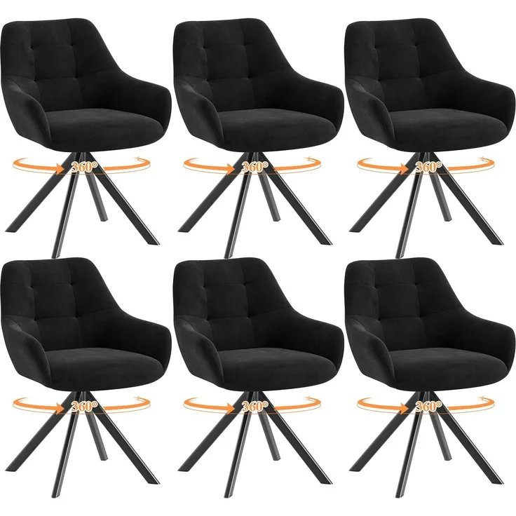MALOL Drehbare Esszimmerstühle 6er Set, 360° Drehbare Armlehnstühle mit weichem Florstoff & Metallgestell, Bequeme Esszimmerstühle Drehbar mit Rückenlehne für Küche, Esszimmer, Büro, Schwarz