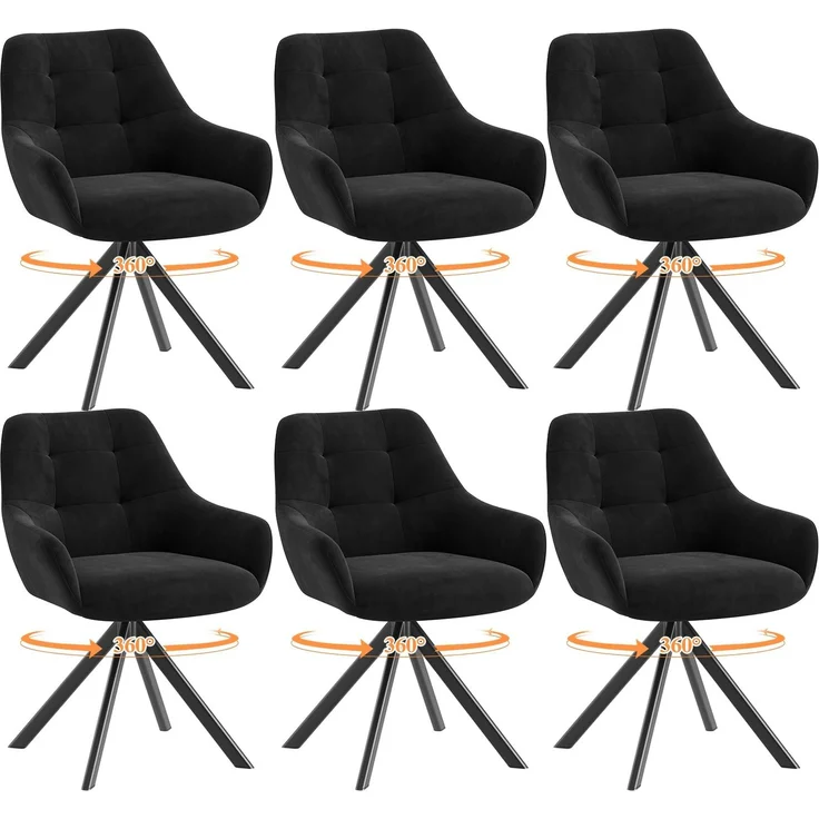 MALOL Drehbare Esszimmerstühle 6er Set, 360° Drehbare Armlehnstühle mit weichem Florstoff & Metallgestell, Bequeme Esszimmerstühle Drehbar mit Rückenlehne für Küche, Esszimmer, Büro, Schwarz