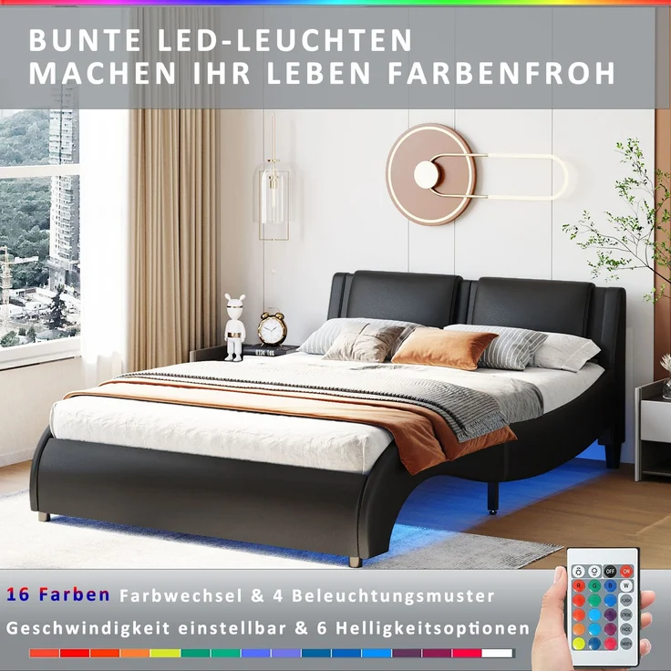 Polsterbett 140x200 cm aus Kunstleder mit LED-Beleuchtung – modernes Design und gepolstertes Kopfteil – Bild 5