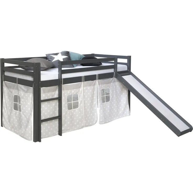 Hochbett Spielbett Kinderbett Leiter Kiefer Vorhang grau 90x200 Jugendbett