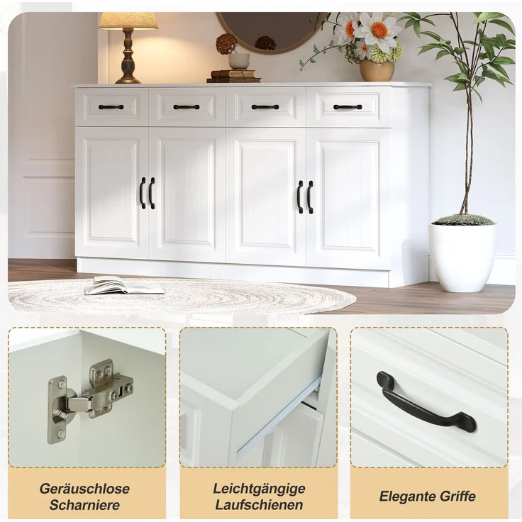 DESVIAE Sideboard mit 4 Schubladen und 4 Türen 160x80x35 cm MDF Weiß – Bild 4