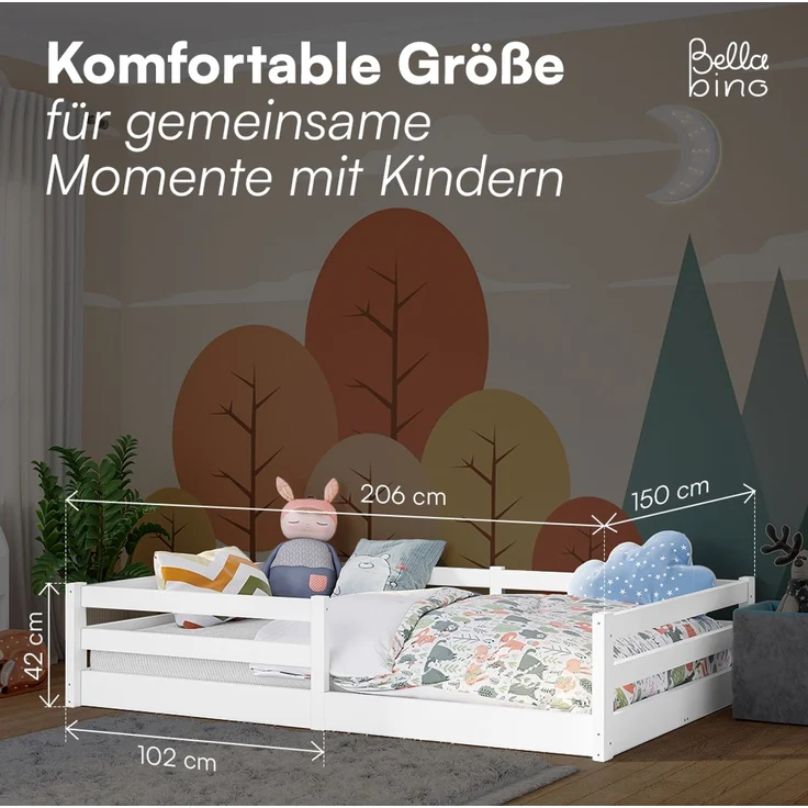Bellabino 'Iskri' Bodenbett 140x200 cm mit Matratze, weiß, Massivholz Kiefer, Montessori Kinderbett mit Rausfallschutz und Lattenrost – Bild 9