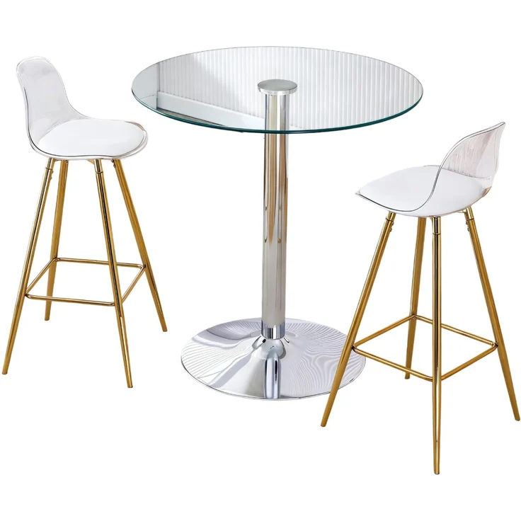 Bartisch-Set mit Glasplatte & 2 Barhockern, Ø 89x92 cm, Gold/Silber/Transparent – Bild 6