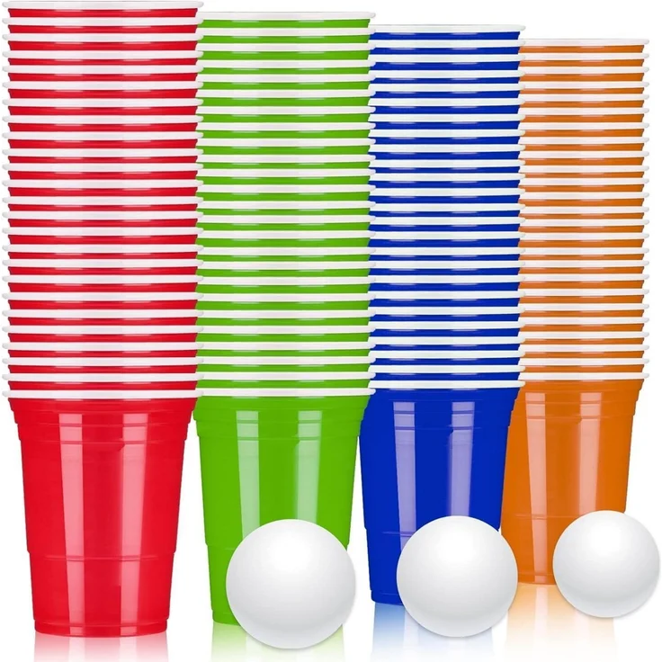 LATERN Bier Pong Becher, 100 Becher und 10 Bälle, Kunststoff rot, orange, blau & grün, 480 ml – Bild 1