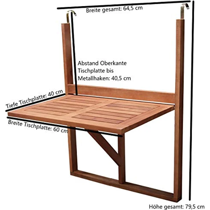 DEGAMO Balkonhängetisch Hängetisch 60x40cm klappbar, rechteckige Tischplatte, Akazienholz braun geölt – Bild 2