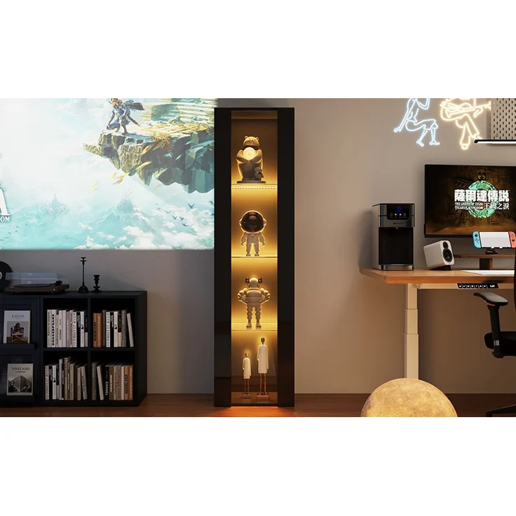 ZUBALIYA Vitrine, mit LED-Beleuchtung, mit App-Steuerung, mit Glasböden, wandmontierbar, H 170 × T 40 × B 29 cm, Schwarz, Spanplatte – Bild 23