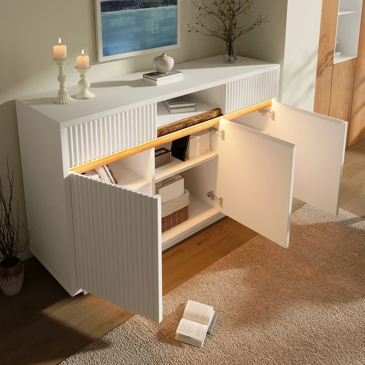 TavilaEcon Sideboard Kommode, Schrank mit LED, 2 Schubladen und 3 Türen weiß 85 × 40 × 140 cm (H × T × B) – Bild 1