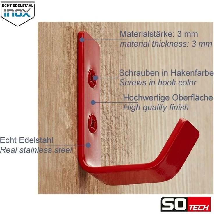 SO-TECH® Kleiderhaken doppelter Wandhaken, Edelstahl, 142 x 20 x 45 mm, (1-St), großer Jackenhaken mit abgerundeten Kanten signalrot – Bild 3