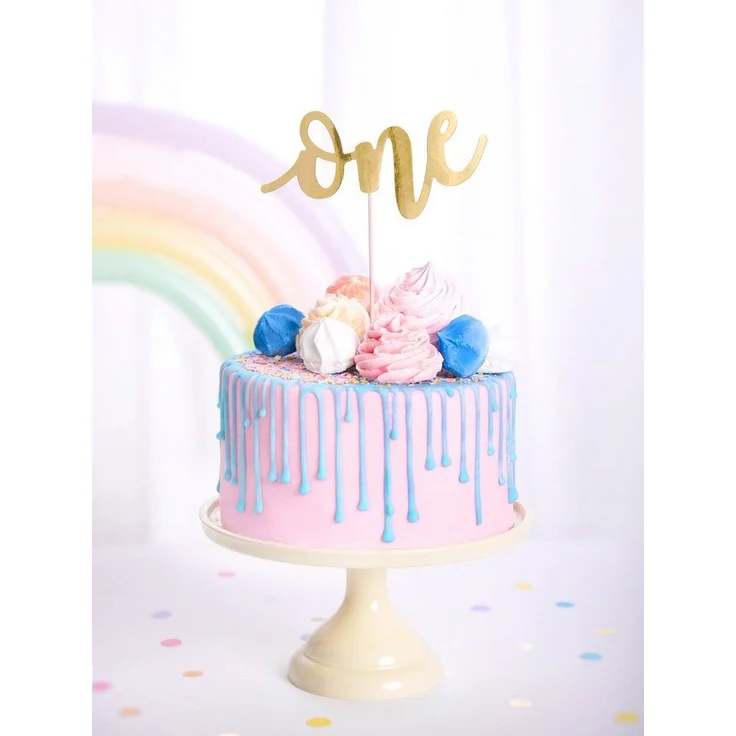 partydeco Tortenstecker, Cake Topper One 19cm Geburtstagsdeko 1 Jahr Tortendeko Gold – Bild 2