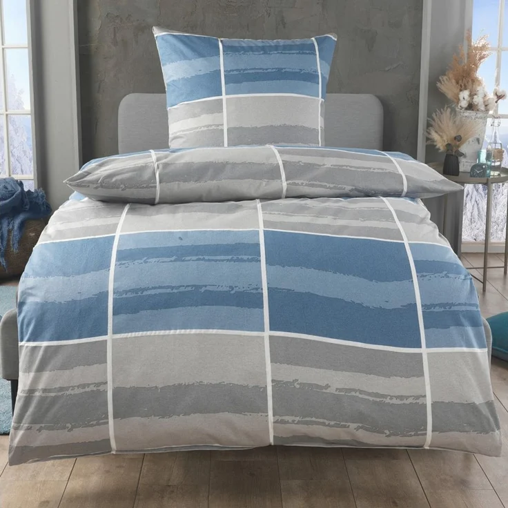 Malika Bettwäsche aus 100 % Baumwolle, 135x200 + 80x80 cm, Blau-Grau, Kariert, Baumwolle, 2 teilig, Für Allergiker geeignet, pflegeleicht, angenehm weicher Stoff – Bild 1