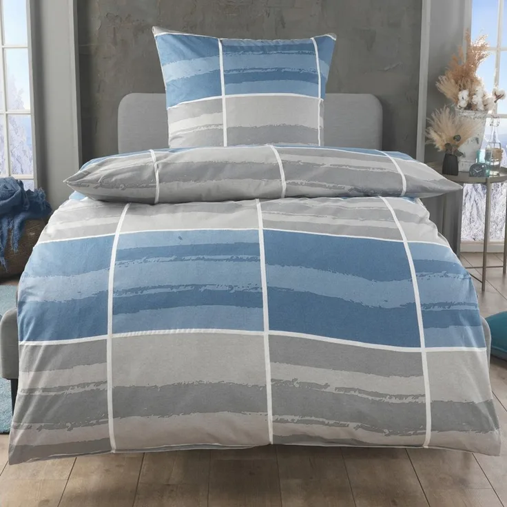 Malika Bettwäsche aus 100 % Baumwolle, 135x200 + 80x80 cm, Blau-Grau, Kariert, Baumwolle, 2 teilig, Für Allergiker geeignet, pflegeleicht, angenehm weicher Stoff
