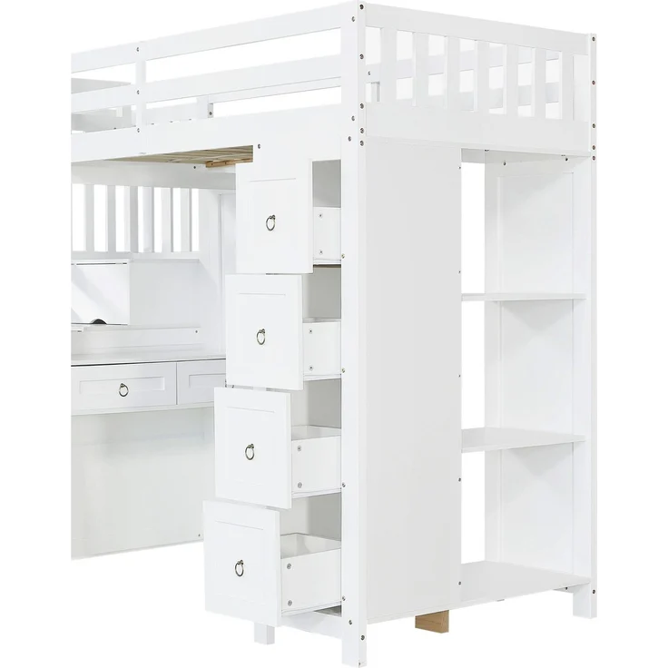 Hochbett mit Schreibtisch, Regal, Schubladen, Treppe, Schrank, Lattenrost und Rausfallschutz, 90x200 cm, Holzbett – Bild 8