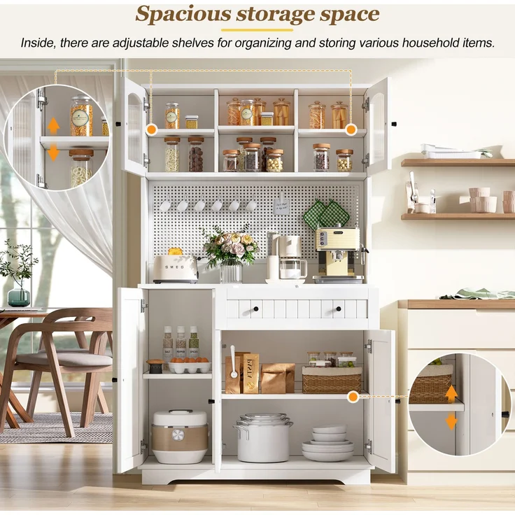 Vitrinenschrank mit Tür, Küchenschrank, Hochschrank, verstellbaren Einlegeböden, Lochblech, Weiß, 103.5× 40 × 180 cm--Weiß--103.5x40x180cm--YOUDENOVA – Bild 10