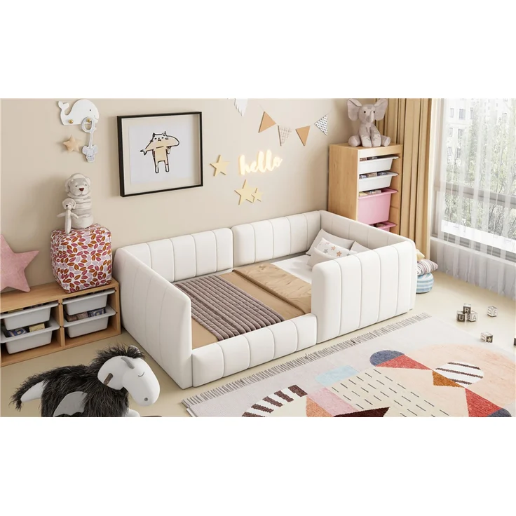 Merax Kinderbett 90 x 200cm Jugendbett, mit Sicherheitsgeländer, samt Beige – Bild 6