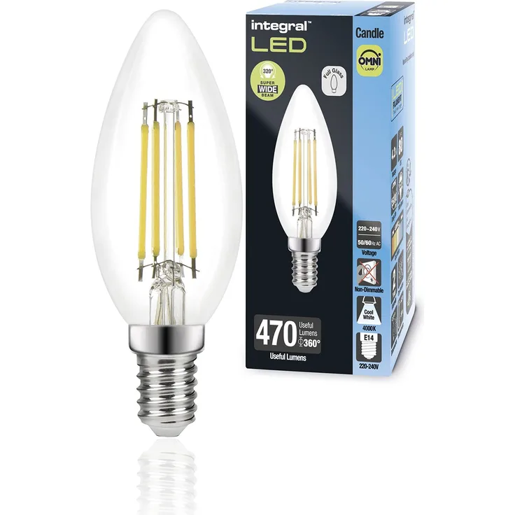Integral LED 4 PACK E14 Omni-Filament Kaltweiß 4000K 470LM 4.2W (entspricht 40W) Nicht dimmbare Kerzenlampe - Energieeffizient & Ideal für Lampen & Kronleuchter im Wohnzimmer Esszimmer&Schlafzimmer
