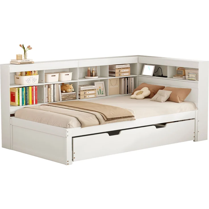 CHICFURN Bett aus Holz Weiß 90x200 cm als Ausziehbett mit Stauraum und USB-Anschluss – Bild 7