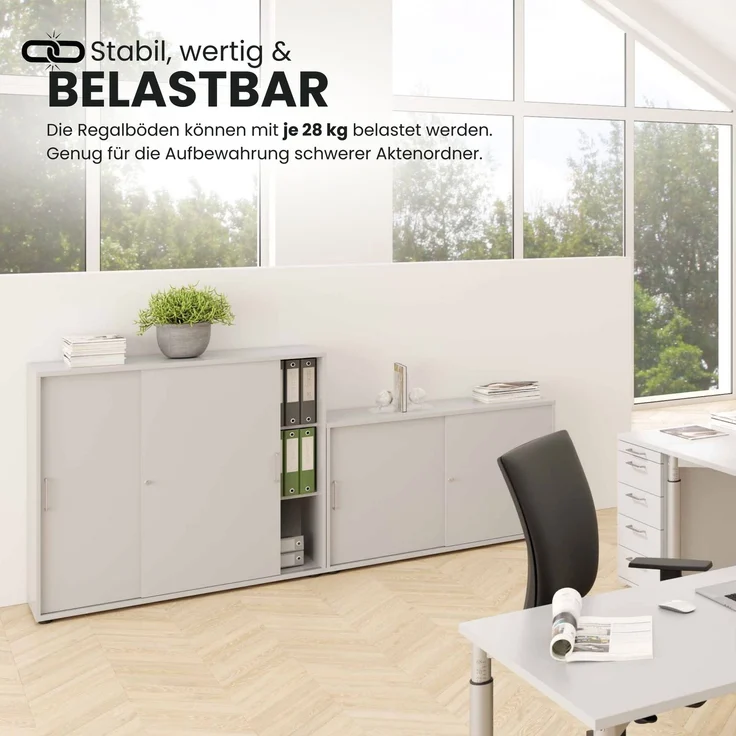 bümö Schiebetürenschrank 3OH - Aktenschrank abschließbar, Sideboard Schrank mit Schiebetüren in Weiß/Asteiche, Relinggriff - Büroschrank aus Holz mit Schiebetür, Büro Kommode für Ordner & Co, 1753S-W-R-RE – Bild 4