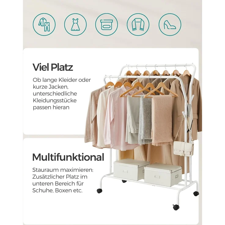 SONGMICS Kleiderständer auf Rollen, 2 Kleiderstangen, Garderobenstange, Garderobenständer aus Stahlrohren, bis 100 kg belastbar, 103,5 cm breit, multifunktionale Aufbewahrung, weiß HSR107W01 – Bild 3