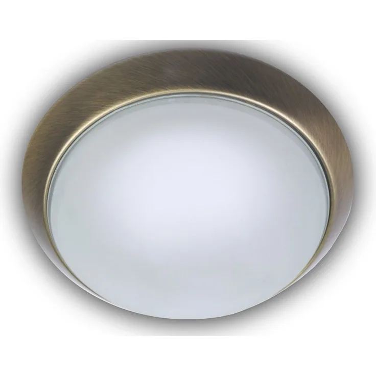 Deckenleuchte, Glas satiniert mit Klarrand, Dekorring Altmessing, Ø 30cm