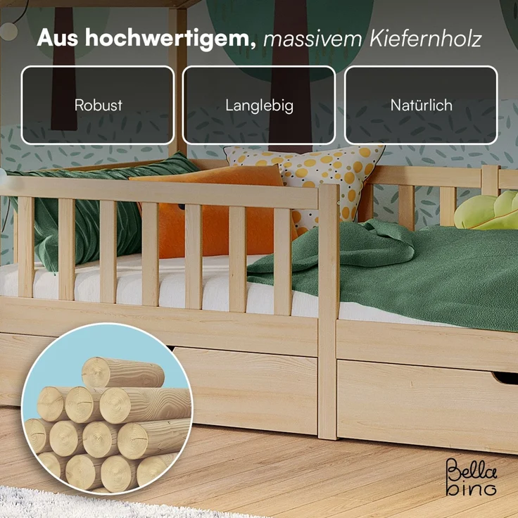 Bellabino 'Bia' Hausbett 90x200 cm mit 2 Schubladen, natur, Kiefer Massivholz, Montessori Kinderbett mit Stauraum, inkl. Rausfallschutz und Lattenrost – Bild 6