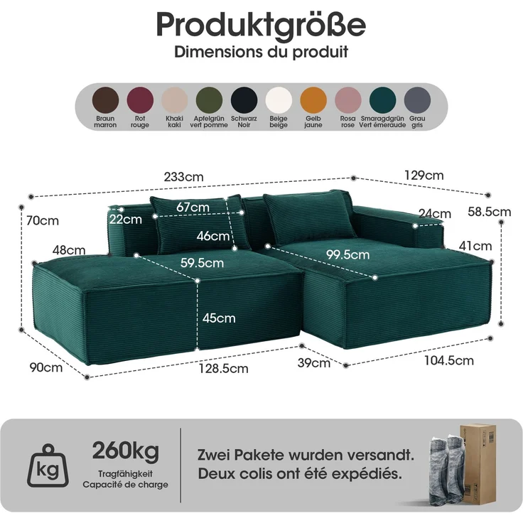 LVHOM Ecksofa 2 Sitzer, Modulares Sofa 235 cm breit, L-Form Sofa mit 2 Kissen, Schlafsofa aus Cordstoff, kein Aufbau erforderlich, Dunkelgrün – Bild 6