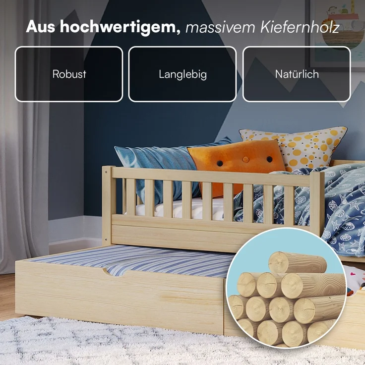 Bellabino 'Vils' Kinderbett 90x200 cm mit Matratze und großer Schublade, natur, Kiefer Massivholz, Montessori Bett mit Stauraum, mit abnehmbarem Rausfallschutz und Lattenrost – Bild 5