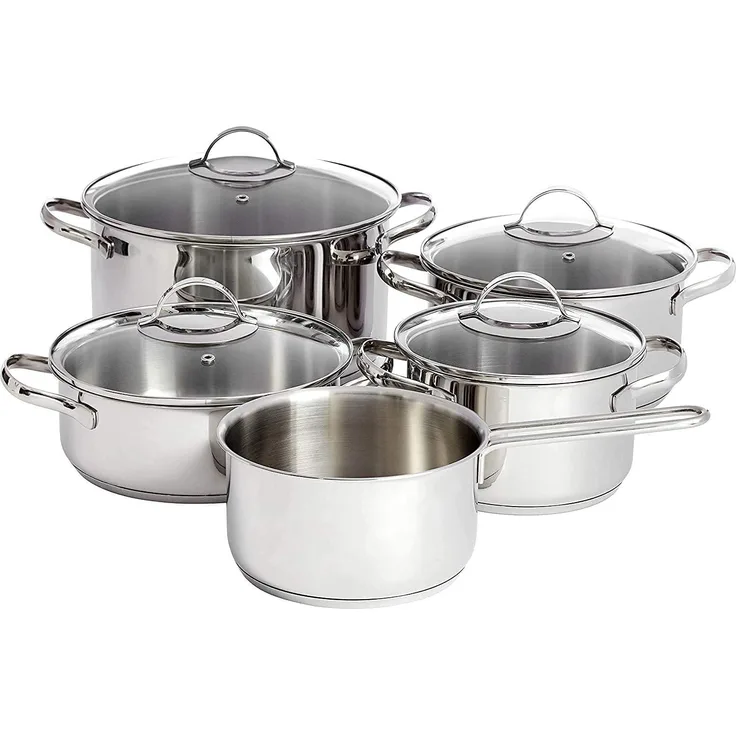 AmazonBasics 9-teiliges Kochgeschirr-Set, Edelstahl, für Induktionsherde, mit Deckeln