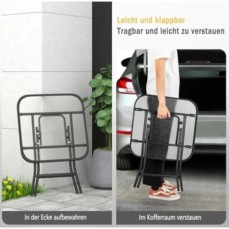 eSituro Klapptisch, Beistelltisch klappbar, Balkontisch Campingtisch Gartentisch Bistrotisch, mit Metallrahmen, rechteckige Tischplatte aus gehärtetem Glas, 46 x 46 x 48 cm, Schwarz+transparent – Bild 7