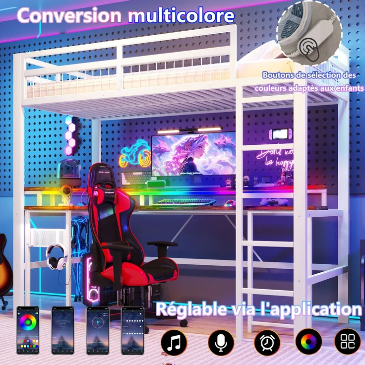 EINHOM Hochbett, 90 x 200 cm, Eisenrahmen, mit Farbwechselnder LED-Lichtleiste, mit Schreibtisch, 1 USB-Anschluss + 1 Typ-C-Anschluss und 2 Steckdosen, mit Lochwand, Weiß (Ohne Matratze) – Bild 5
