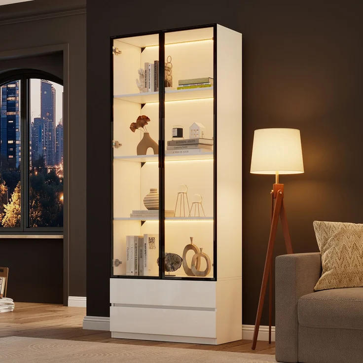 N625P332011012W)80*34*200cm Vitrine, Hochschrank mit LED-Leuchten, Wohnzimmer-Beistellschrank mit 2 Türen,Vitrinenschränke mit 2 Schubladen,Aufbewahrungsregale, Bücherregal, Display Regal,Weiß--Weiß--80x34x200cm--YOUDENOVA – Bild 6