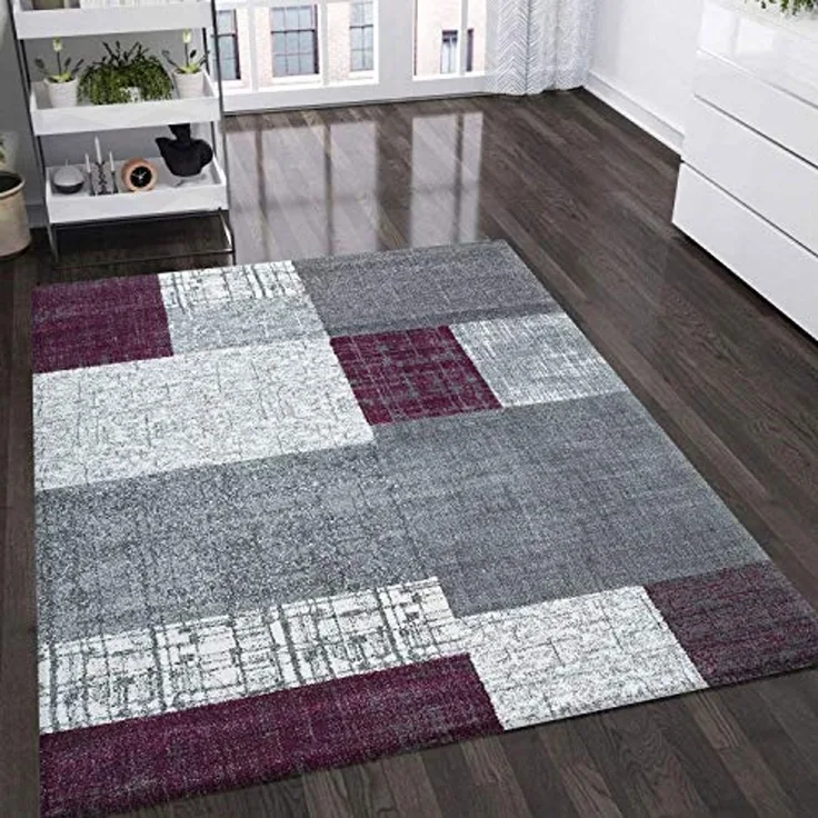 Vimoda Teppich Wohnzimmer Klassisch Karo- kariert Design, Rechteckig, Höhe: 5 mm, Läufer Kachel Optik in Türkis Grau Gelb & Lila Teppich Schlafzimmer
