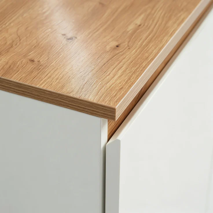 Flieks Drehbarer Schreibtisch, Sideboard mit Rollen, Stauraum und 4 cm starker Tischplatte, 124 x 45 x 82 cm, Weiß-Eiche – Bild 9