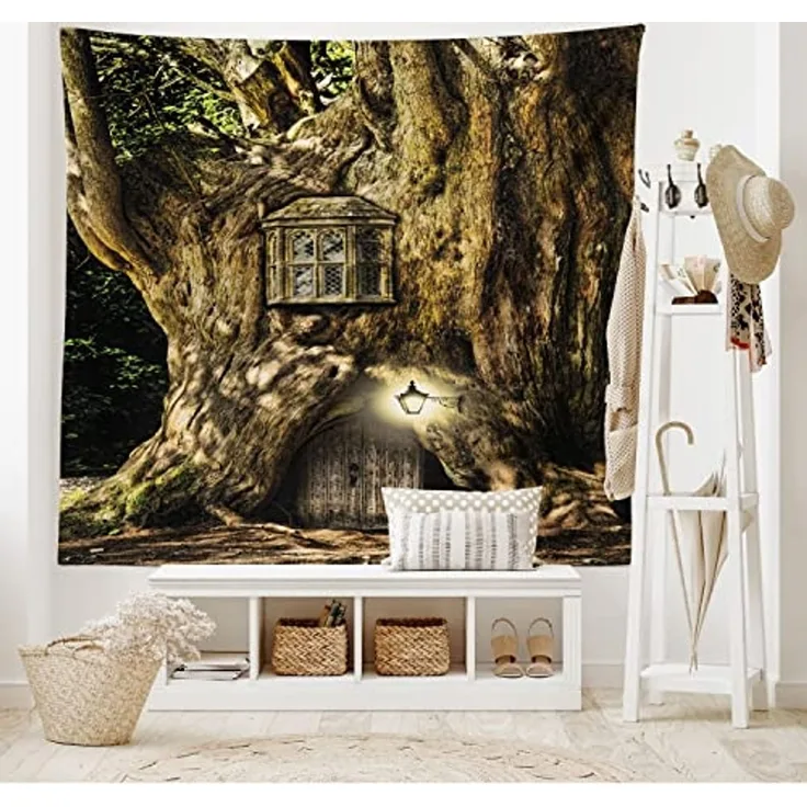 ABAKUHAUS Fantasie Wandteppich und Tagesdecke, Märchenhaus Baum aus Weiches Mikrofaser Stoff Waschbar ohne Verblassen Digitaldruck, 230x140 cm, Braun