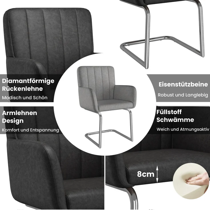 Esszimmerstühle 56x57x86 cm, 6er Set aus Kunstleder in Schwarz mit Z-förmiger Rückenlehne – Bild 5