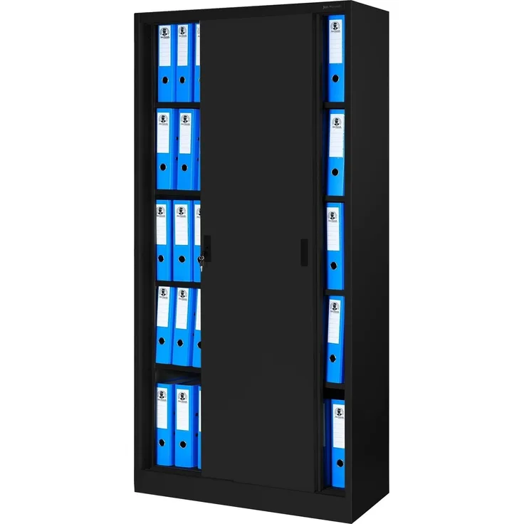 Jan Nowak Aktenschrank Büroschrank mit Schiebetüren Metall 4 Fachböden Pulverbeschichtung Abschließbar 185 x 90 x 40 cm (Schwarz)